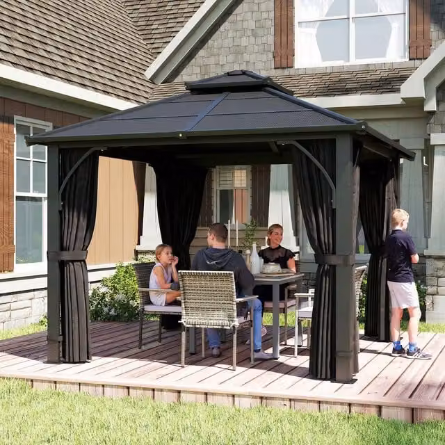 Outsunny Hardtop Polycarbonate Gazebo with Netting and Curtains in Grey