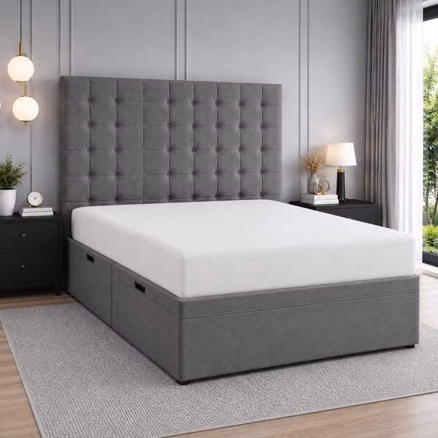 K Mehmood Enterprise Ltd Diana Luxury Upholstered Storage Bed in Grey with Lift Up Base and Elegant Headboard, W/D/H: 140 x 200 cm