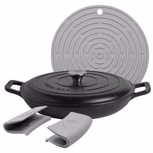 Argon Tableware Enamelled Cast Iron Shallow Casserole Dish with Self-Basting Lid, 2.3 l, Black