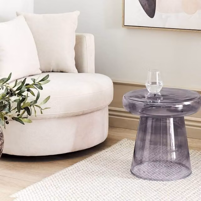 Wyld and Coco Round Tempered Glass Side Table in Grey Tint, Diameter: 39 cm