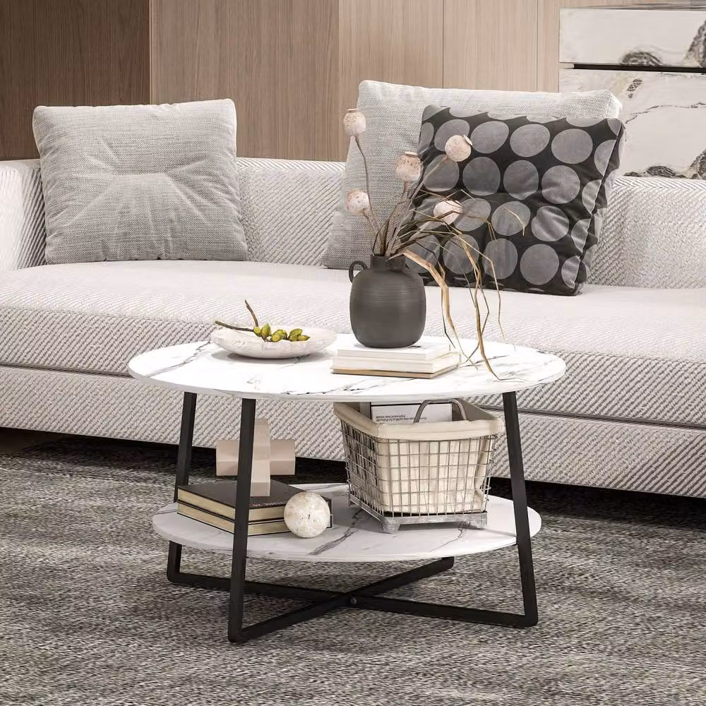 Wyld Haus Two Tier Round Marble Effect Coffee Table with White Top and Black Metal Frame – 5