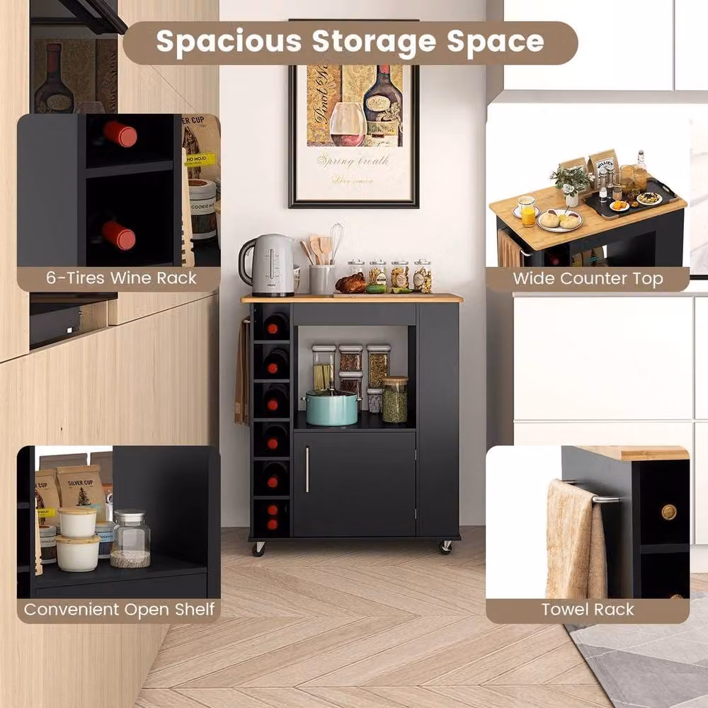 VOGREX Black Rolling Kitchen Storage Trolley Cabinet with Shelves – 4
