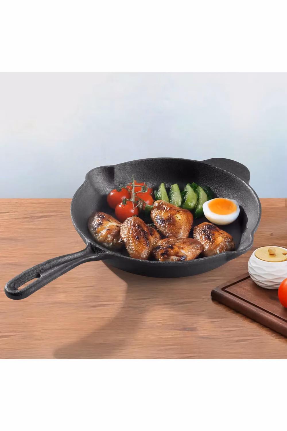 Living and Home Black Uncoated Cast Iron Round Frying Pan with Handle and Pouring Spout, Diameter: 26 cm – 2