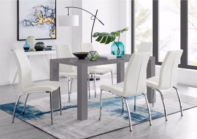 FurnitureboxUK Pivero Grey High Gloss Rectangular Dining Table and 6 White Isco Chairs