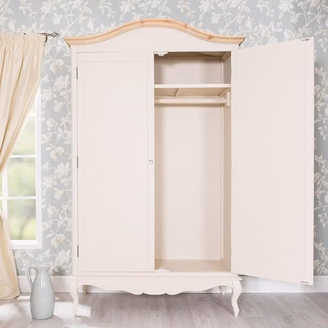Juliette French Double Wardrobe with Crystal Handles in Champagne Cream, H: 217 cm, W: 131 cm, D: 60 cm
