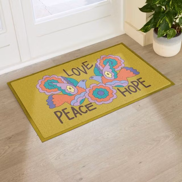 Artsy Mats Elizabeth Olwen Love Peace Hope Indoor/Outdoor Doormat, Yellow, W/D/H: 90 x 60 cm