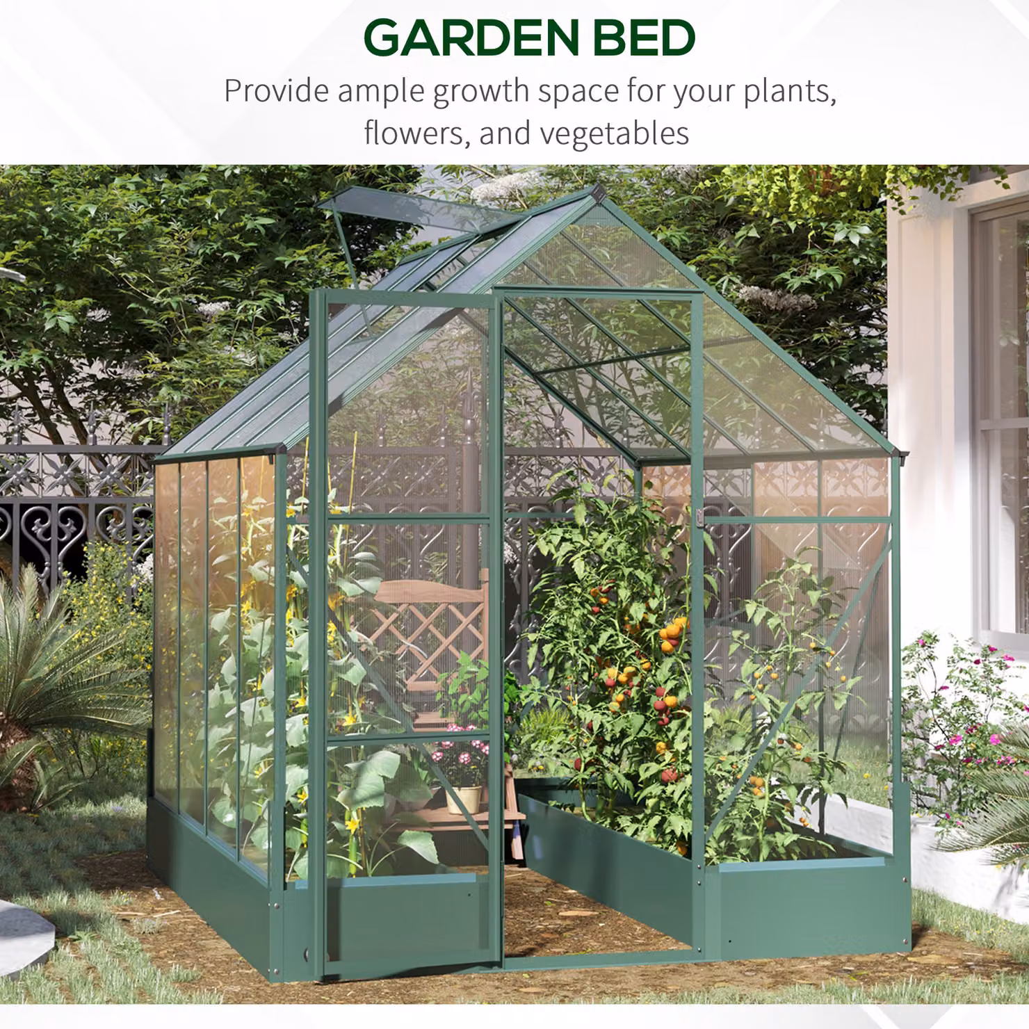 Outsunny Aluminium Garden Walk-in Greenhouse with Polycarbonate Panels, Raised Plant Bed, Hinged Window and Foundation, Green, W: 182.88 cm, D: 243.84 cm, H: 219 cm – 6