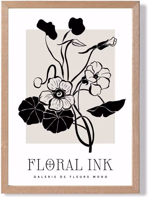 ARTZE Nasturtium Flowers Floral Ink Sketch Framed Print, Black and Beige, Oak Frame, A4 – 1