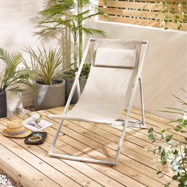 FurnitureboxUK Pair of Corsica Outdoor Deckchairs in Beige and Yellow with Powder Coated Steel Frame and Adjustable Headrest