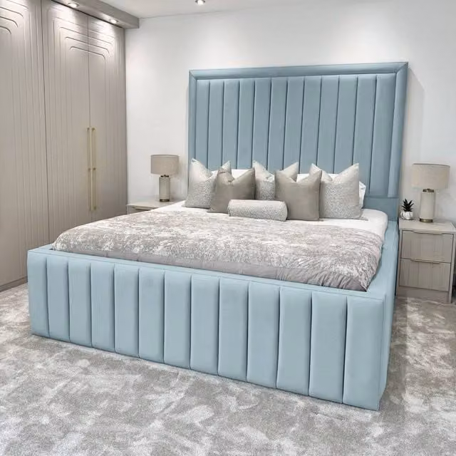 Living Comfort Bedz Hampton Upholstered Slatted Base Bed with 54-Inch Panel Headboard in Blue Velvet, Size: Super King, W/D/H: 200 x 200 cm