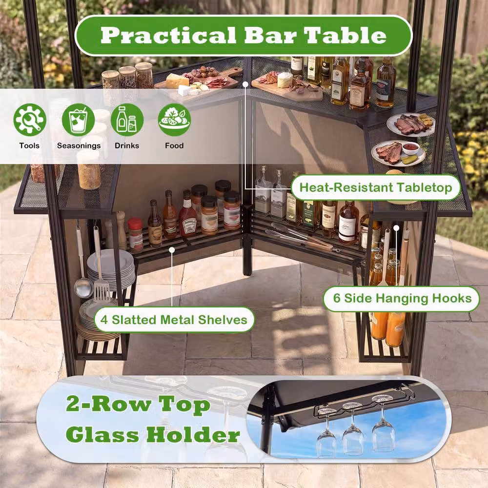 Gymax Outdoor Bar Set with Grill Gazebo, Bar Table and 2 Folding Bar Stools in Brown – 6
