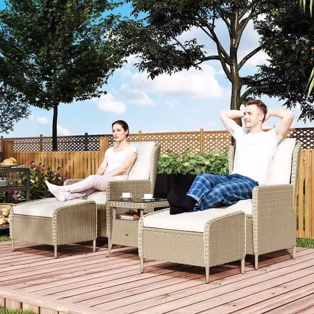 Outsunny 5 Piece Reclining Rattan Garden Furniture Set in Light Grey with Weatherproof Cushions
