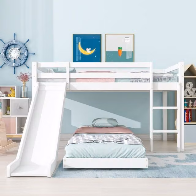 Matteo Children's Double Cabin Bunk Bed Frame with Slide and Ladder in White, W/D/H: 140 x 200 cm
