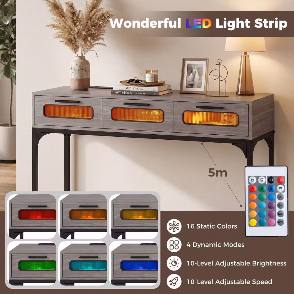 Gymax Grey Modern Metal Console Table with LED Lights, Outlets and USB Ports, W: 90 cm, H: 75 cm – 3
