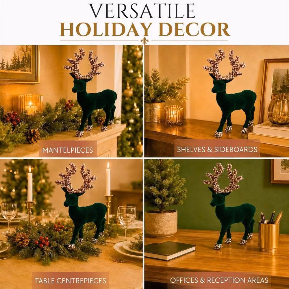 Shatchi Emerald Green Velvet Christmas Reindeer Figurine, Height: 20 cm – 4