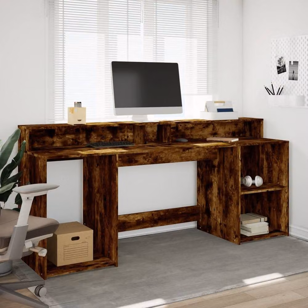 Berkfield Home Soft Gaming Desk with LED Lights in Smoked Oak Brown, W/D/H: 200 x 55 x 91 cm – 3