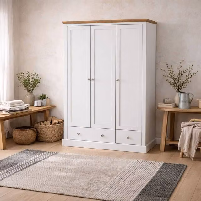 Wyld Haus Ardee 3 Door Wardrobe with 3 Internal Drawers in White and Natural Oak, H 181.5 x W 112.9 x D 56 cm – 1