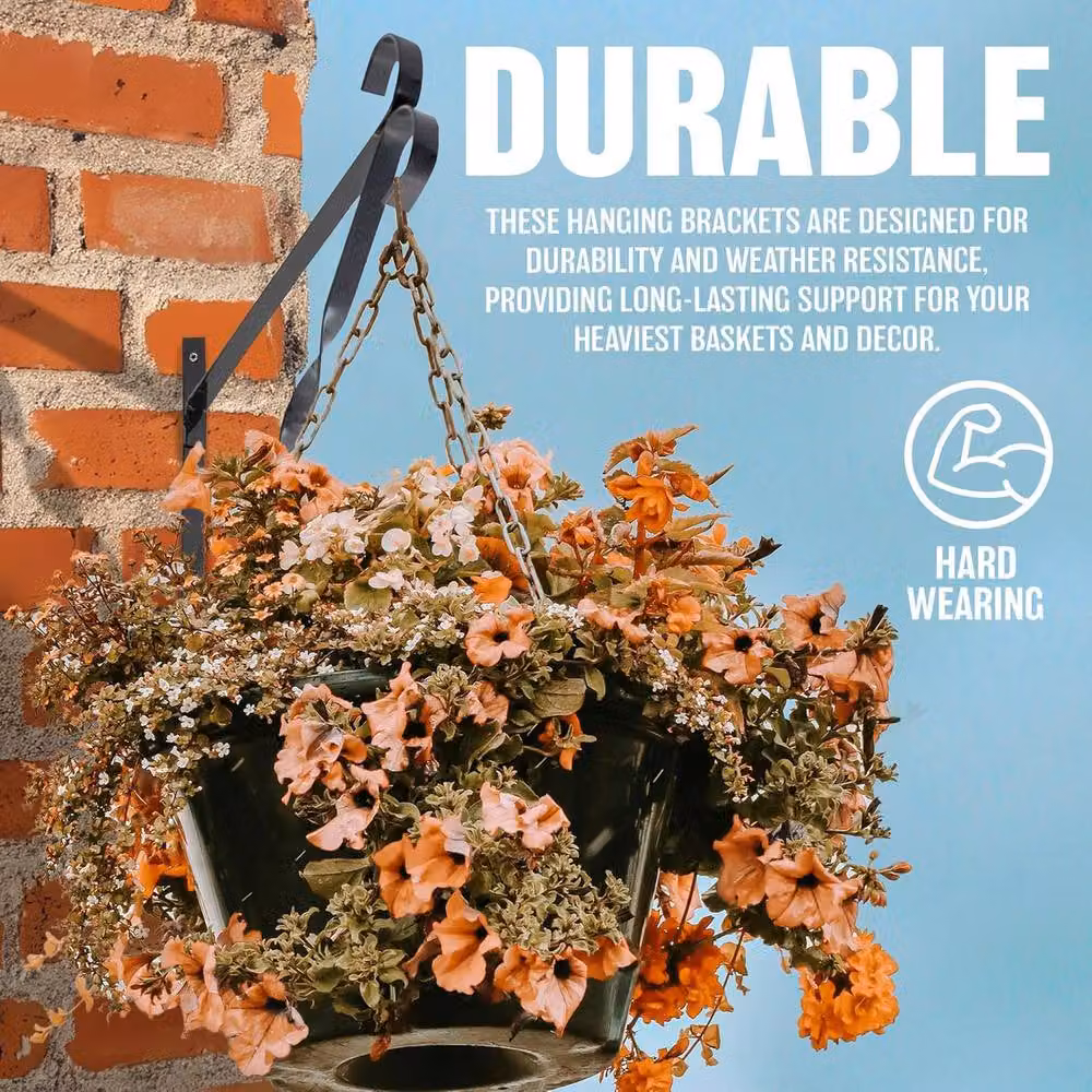 BARGAINS-GALORE 4-Piece Black Metal Hanging Basket Wall Mount Brackets for Garden Decoration – 4