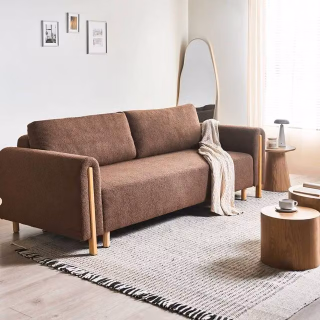 Wyld and Coco Brown Bouclé Click-Clack Sofa Bed with Storage and Solid Rubberwood Frame