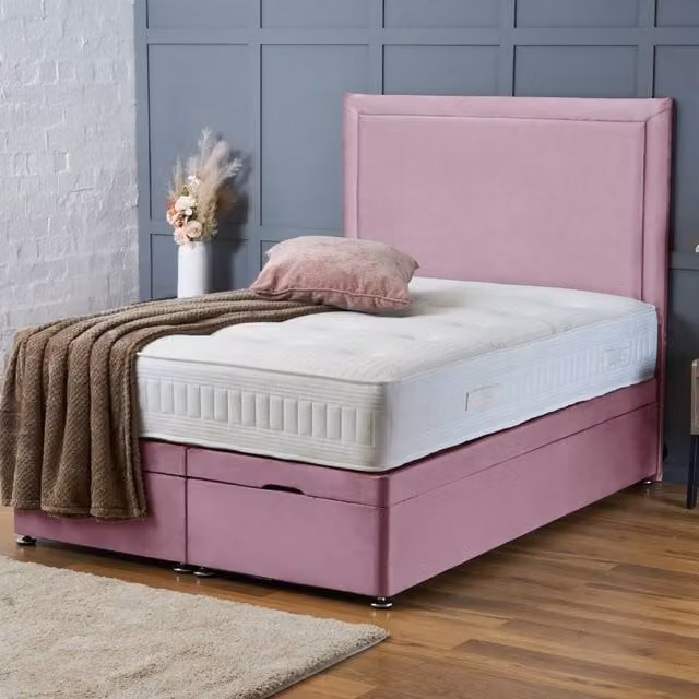 BSSPOKE Ella Small Double Ottoman Divan Bed with 54 inch Headboard and Mattress in Pink Plush Velvet, W/D/H: 120 x 200 cm