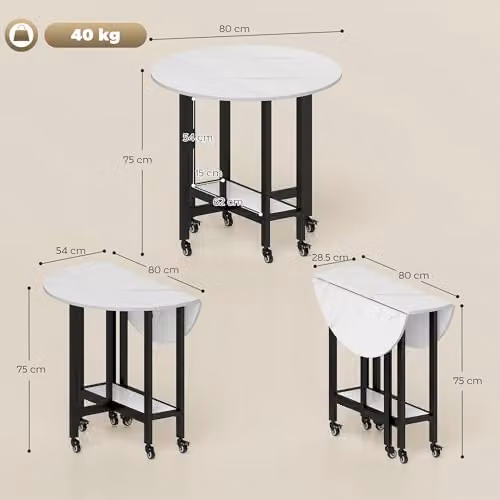 HOMCOM Modern White Marble Folding Dining Table with Rolling Drop Leaf and Castors, W/D/H: 80 x 51.5 x 75 cm – 3