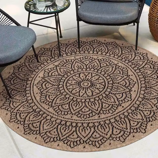 Desire Rugs Modern Harper Floral Design Round Waterproof Indoor-Outdoor Rug in Black