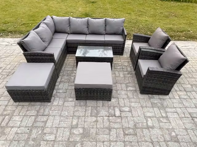 Fimous 10 Seater Dark Grey Rattan Corner Lounge Sofa Set with Coffee Table, 2 Armchairs and 2 Footstools