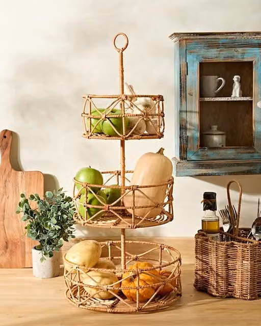 Dibor Traditional Style Rattan 3 Tier Kitchen Carousel Storage Tower in Natural Beige