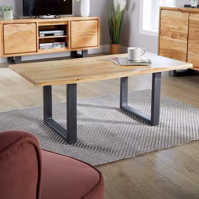 Home Source Live Edge Acacia Wood Coffee Table with Black Metal Sled Base, W: 120 cm, D: 60 cm, H: 50 cm