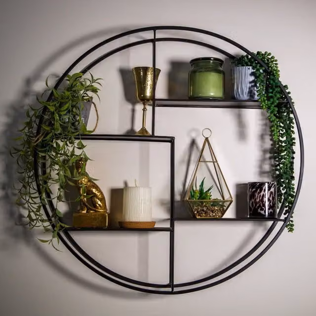 Madison & Mayfair Modern Matt Black Metal Round Wall-Mounted Shelf Unit W/D/H: 70 x 12 x 70 cm – 1