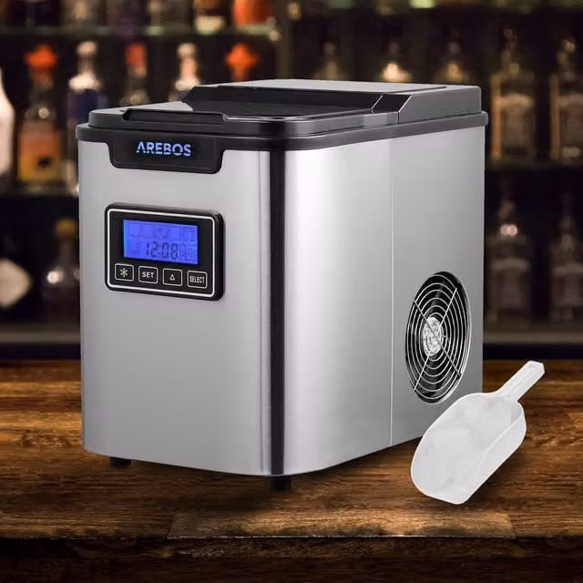 AREBOS Silver Stainless Steel Ice Cube Maker with Digital Display