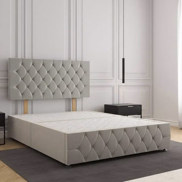 Regional Furnishings Small Double Divan Bed with 24 inch Plush Velvet Headboard and Footboard in Silver, W/D/H: 120 x 200 cm