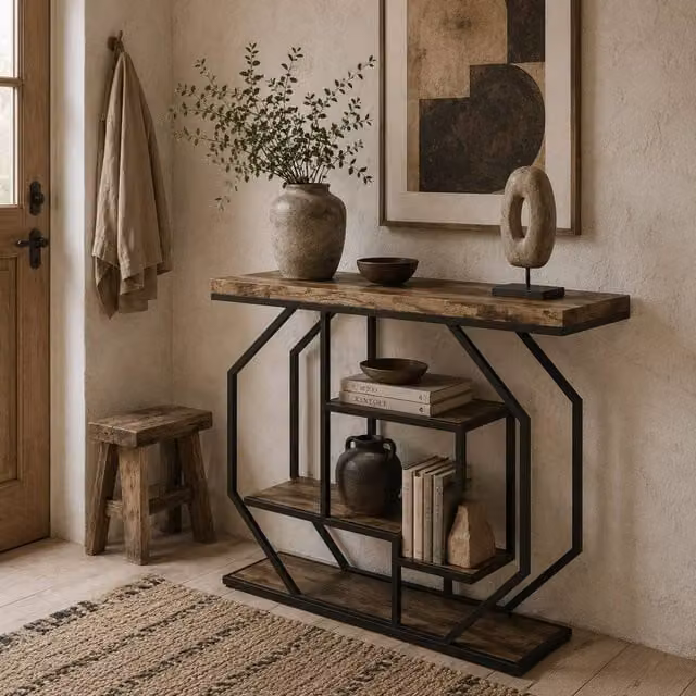 Wyld Haus Reello 4 Tier Industrial Console Table in Brown MDF and Black Metal