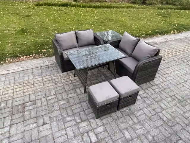 Fimous 6 Piece Wicker Rattan Outdoor Garden Furniture Set with Rectangular Dining Table in Dark Grey