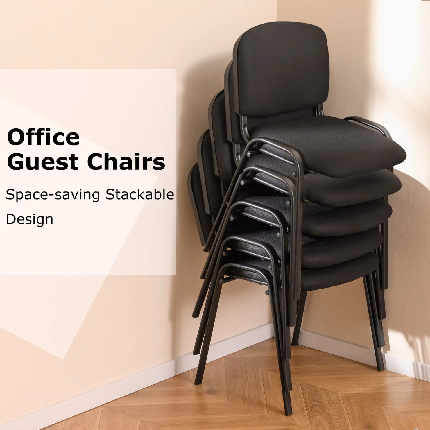 Gymax Set of 2 Stackable Black Fabric and Metal Waiting Room Chairs for Reception or Home Office – 3