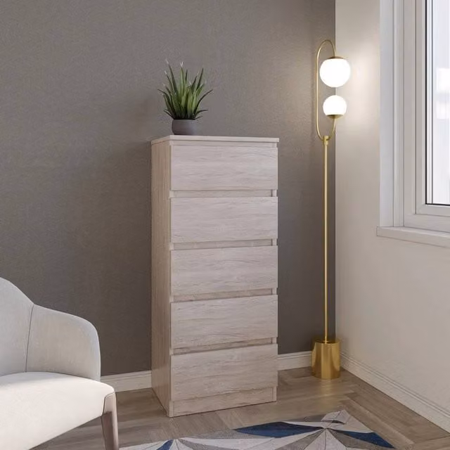 FORGEVIO Modern 5 Drawer Narrow Chest in Urban Snow Grey and Beige Oak