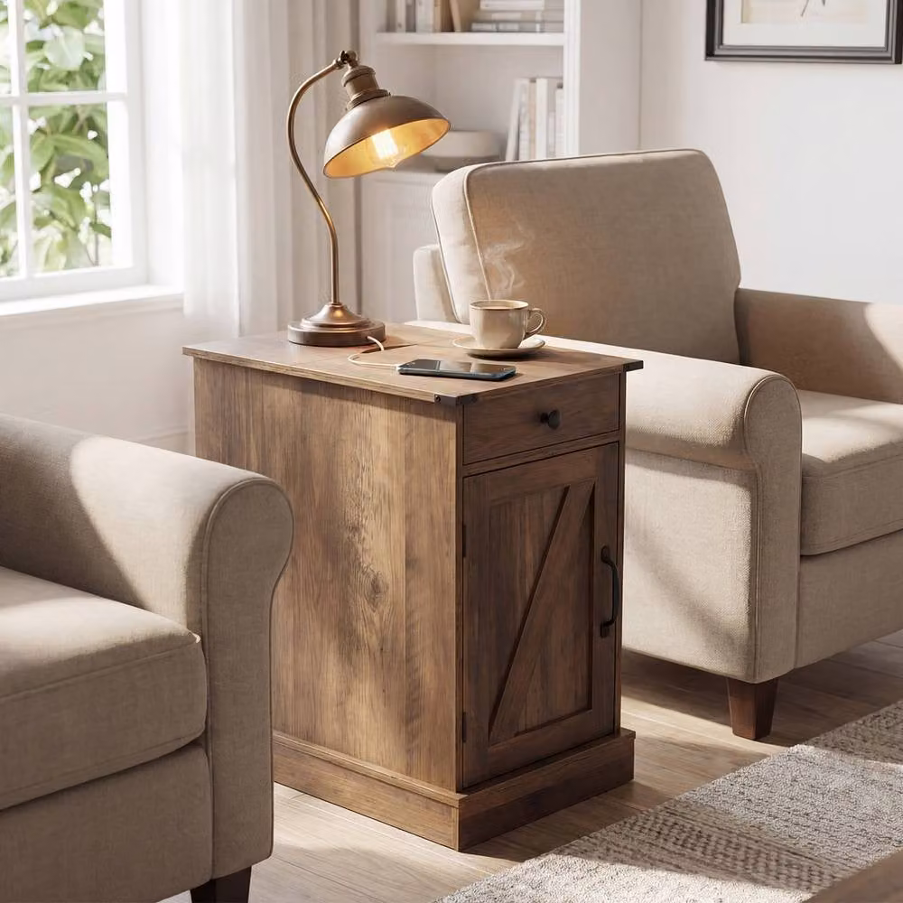 Gymax Brown Farmhouse End Table with Charging Station and Cabinet – 7