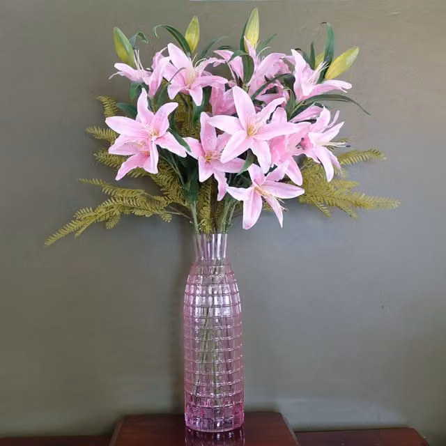 Pink Lily and Fern Geometric Glass Tabletop Vase, W/D/H: 15 x 15 x 15 cm