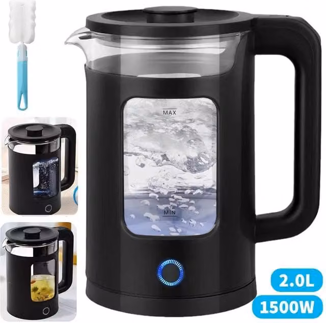Pawnora 2L Glass Electric Fast Boil Kettle in Black, 1500W