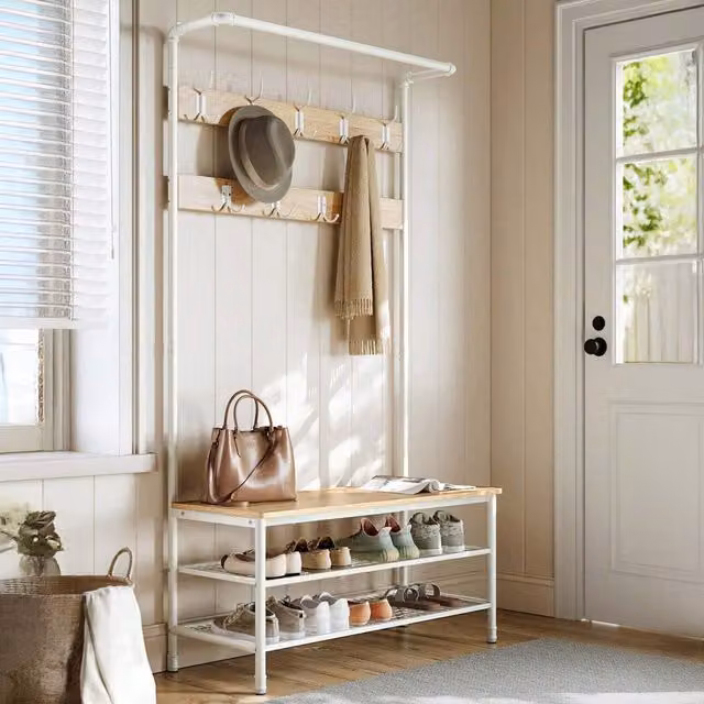 VASAGLE Industrial Hall Tree with Bench and Dual Hook and Rail Matrix in Yellow and White