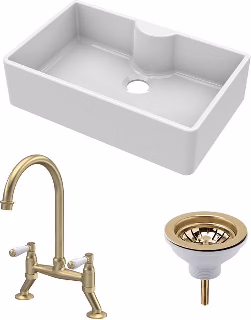 Balterley White Ceramic Butler Sink with Single Bowl, Bridge Lever Mixer Tap and Waste in Brushed Brass, W: 79.5 cm