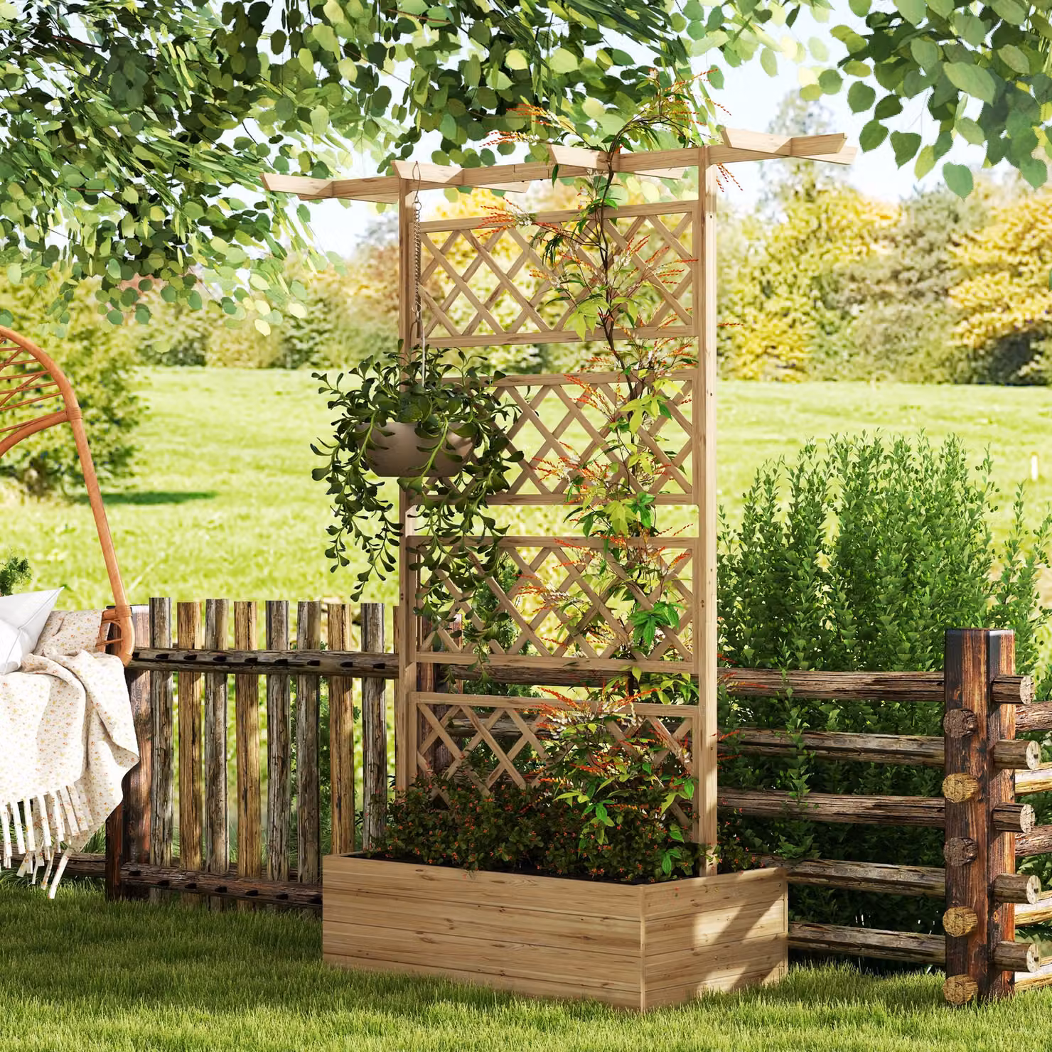 Outsunny Wooden Raised Garden Planter Box with Decorative Trellis for Climbing Plants, Brown/Beige, W/D/H: 183 x 55 x 99 cm – 2
