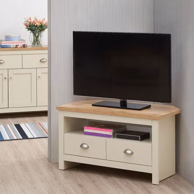 Timber Art Design UK Classic Oak Corner TV Unit with 2 Drawers in Beige
