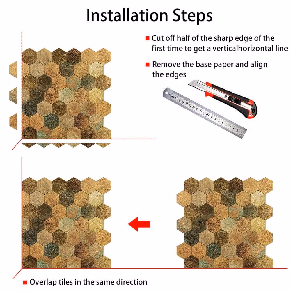 ENER-J Britwall Hexagon Aluminium Mosaic Peel & Stick Wall Tiles, Mixed Bronze, Pack of 4, W: 29.3 cm x H: 28.5 cm – 3