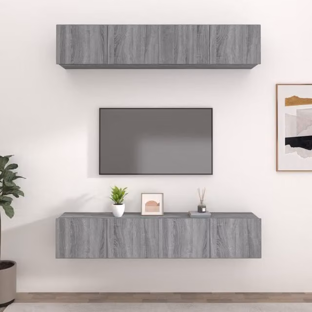 Berkfield Home Set of 4 Wall Mounted Grey Sonoma TV Cabinets with Hinged Doors and Internal Shelves, W/D/H: 80 x 30 x 30 cm
