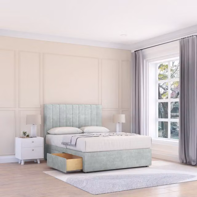 Sloomy Kansas Silver Fabric Upholstered Divan Bed Base with 4 Drawers and Floor Standing Headboard, W/D/H: 120 x 200 cm