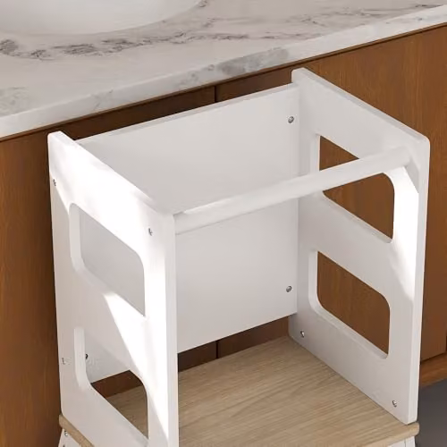 AIYAPLAY 2 in 1 Toddler Tower Step Stool with Chalkboard and Safety Rail, White – 9