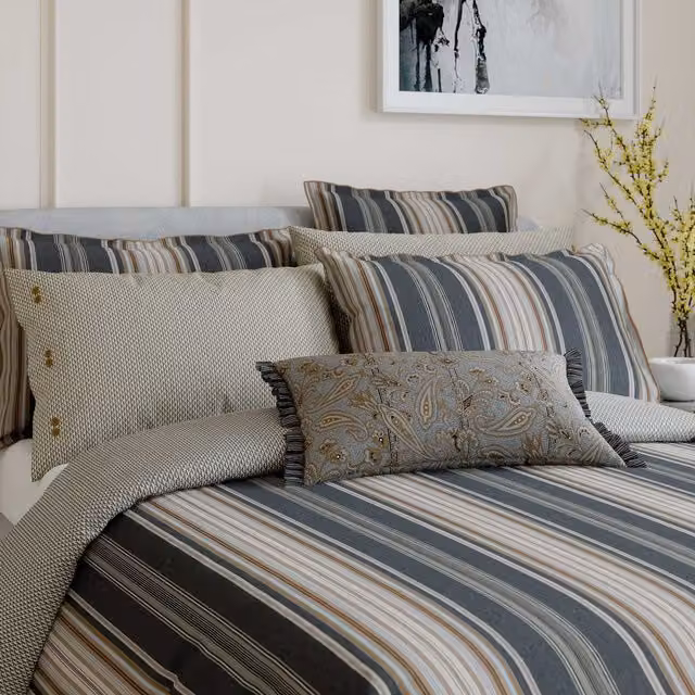 Bedeck of Belfast Oscar Reversible Striped Cotton Percale Duvet Cover and Pillowcase Set, Anthracite, Beige and Grey, W: 180 cm x L: 200 cm