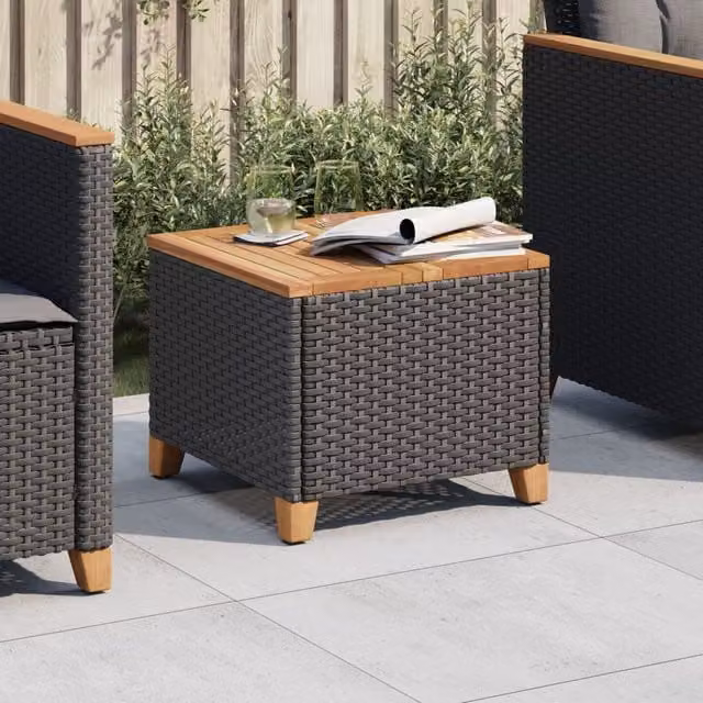 Berkfield Home Black Poly Rattan and Acacia Wood Garden Table W/D/H: 45 x 45 x 37 cm