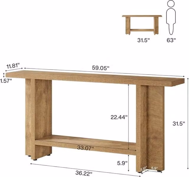 VOGREX Rustic Beige Entryway Console Table, W: 150 cm, D: 30 cm, H: 80 cm – 1